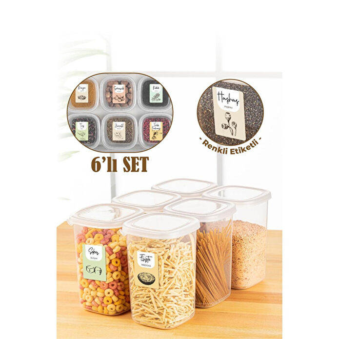 Vienev Renkli Etiketli 6lı 1,2 Litre Peggy Kare Erzak Saklama Kabı Beyaz