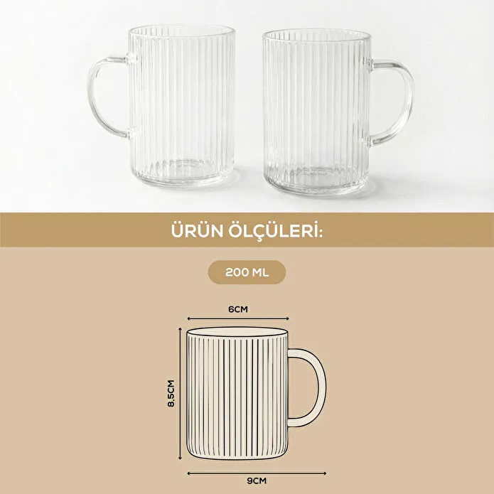 Vienev 2'li Çizgili Desenli Kulplu Cam Bardak - 200 Ml Cam Çay Bardağı