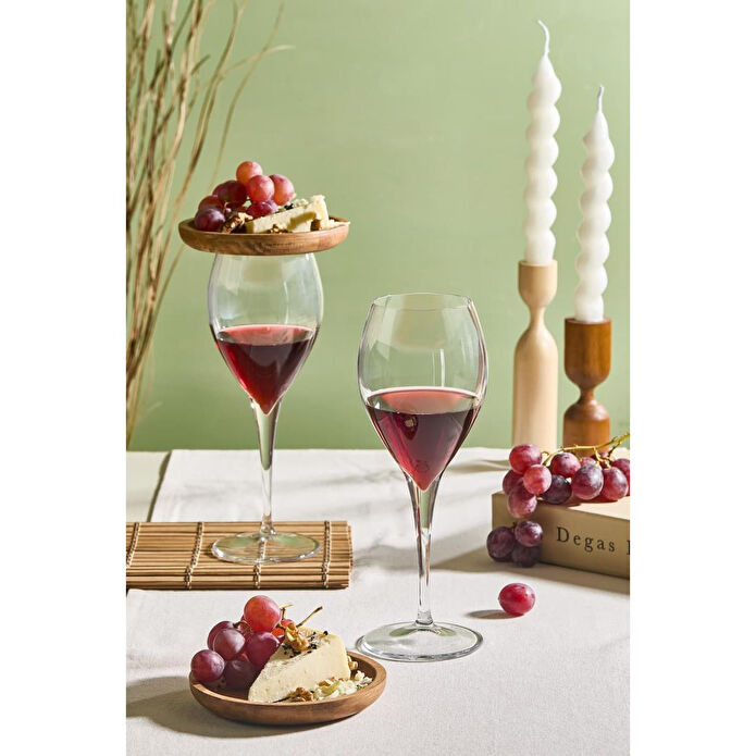 Lora Bianca Lubi 4 Parça Ahşap Sunumlu Şarap Kadehi Seti | 2 Şarap Bardağı + 2 Mini Servis Tabağı Şeffaf