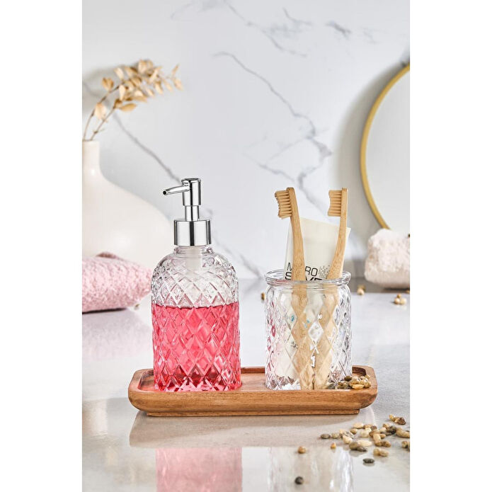 Lora Bianca Paku Cam Sıvı Sabunluk, Diş Fırçalık Ve Ahşap Stand - 3 Parça Banyo Seti Şeffaf