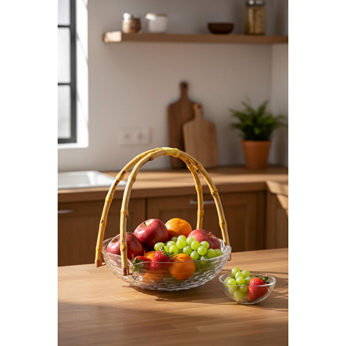 Bambum Cestino Bambu Kulplu Cam Yuvarlak Sunum Tabağı Dalgalı Desen