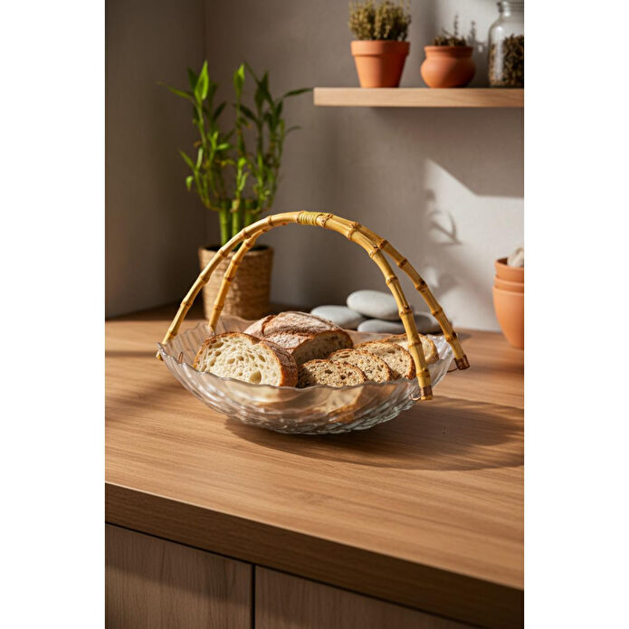 Bambum Cestino Bambu Kulplu Cam Dikdörtgen Sunum Tabağı Kabartmalı Desen