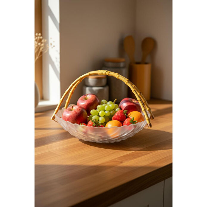 Bambum Cestino Bambu Kulplu Cam Dikdörtgen Sunum Tabağı Kabartmalı Desen