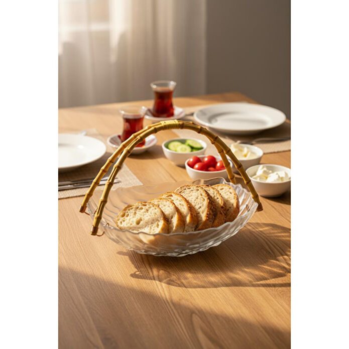 Bambum Cestino Bambu Kulplu Cam Dikdörtgen Sunum Tabağı Kabartmalı Desen