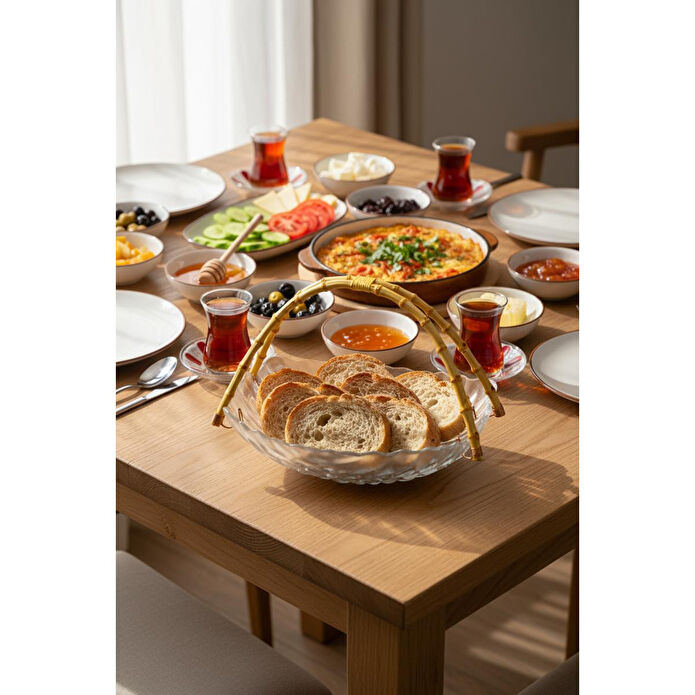 Bambum Cestino Bambu Kulplu Cam Dikdörtgen Sunum Tabağı Kabartmalı Desen