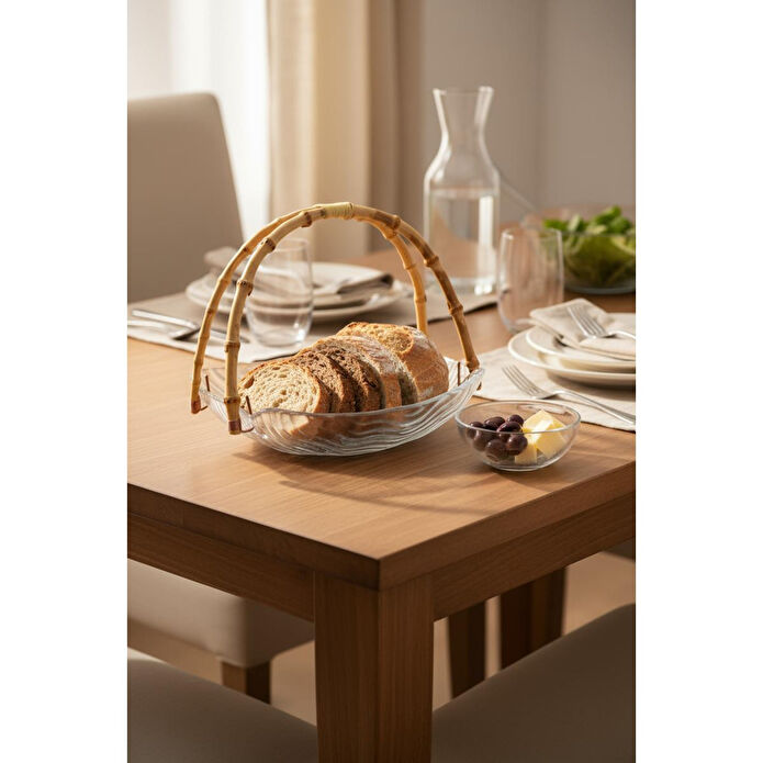 Bambum Cestino Bambu Kulplu Cam Dikdörtgen Sunum Tabağı Dalgalı Desen