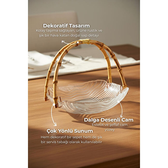 Bambum Cestino Bambu Kulplu Cam Dikdörtgen Sunum Tabağı Dalgalı Desen