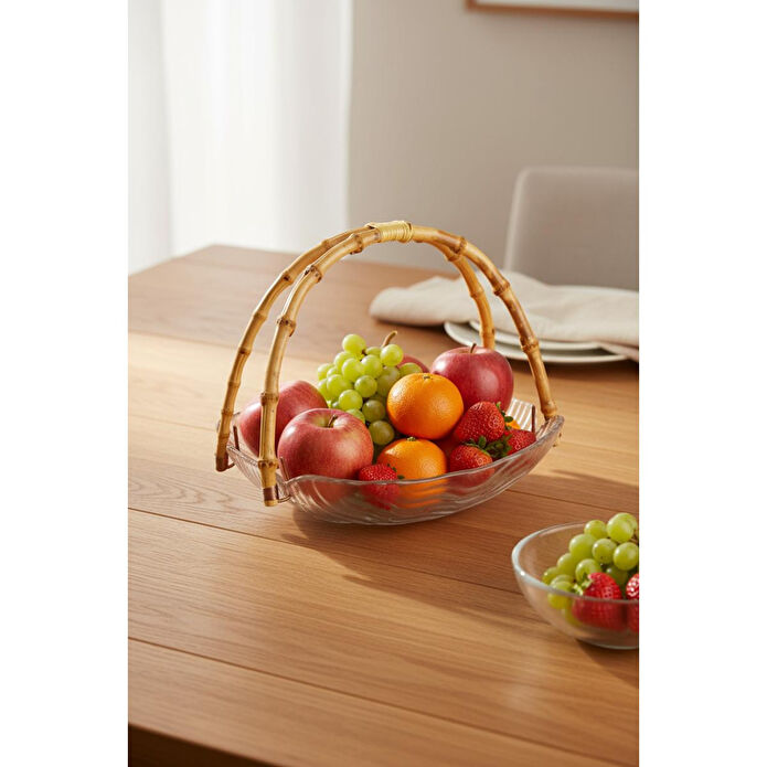 Bambum Cestino Bambu Kulplu Cam Dikdörtgen Sunum Tabağı Dalgalı Desen