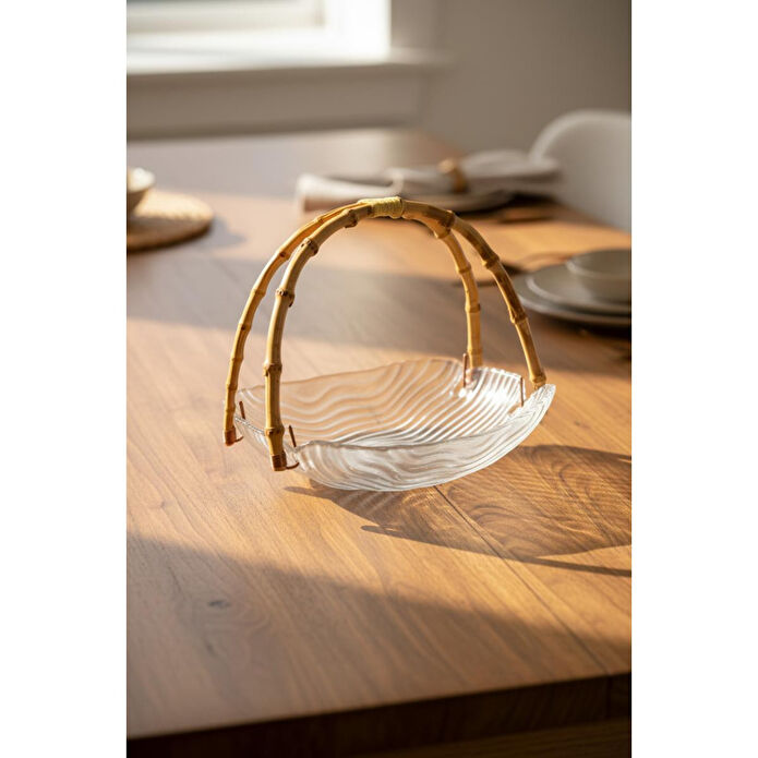 Bambum Cestino Bambu Kulplu Cam Dikdörtgen Sunum Tabağı Dalgalı Desen