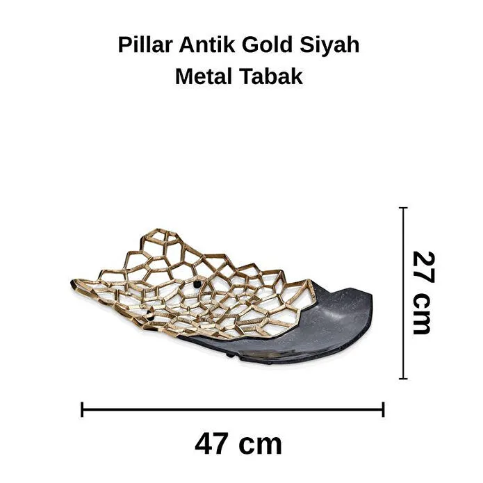 Cornella Pillar Antik Gold Siyah Metal Tabak En:27 Cm X Boy:47 Cm