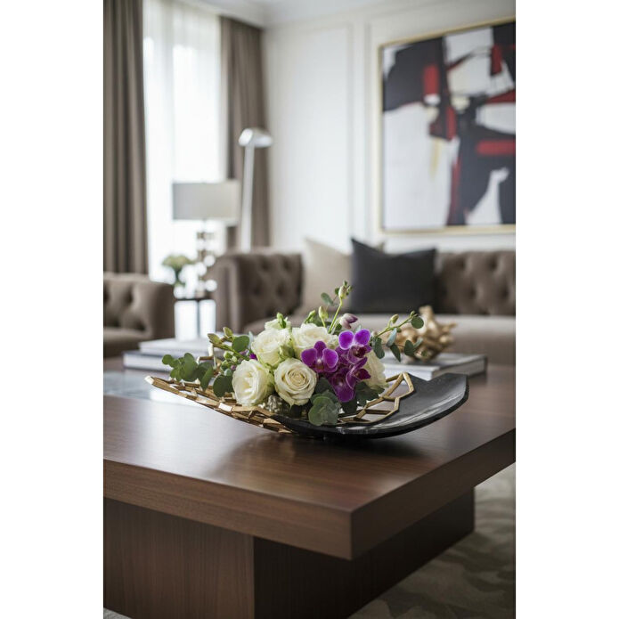 Cornella Pillar Antik Gold Siyah Metal Tabak En:27 Cm X Boy:47 Cm