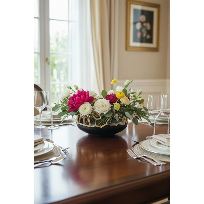 Cornella Pillar Antik Gold Siyah Metal Meyvelik Ağız:22 Cm X Boy:13 Cm