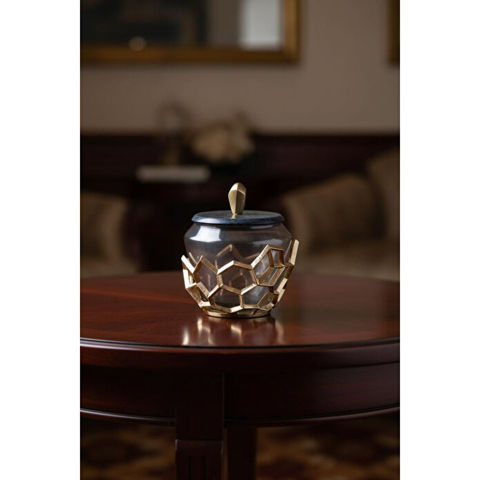 Cornella Pillar Antik Gold Gri Ombreli Cam Kavanoz Küçük Ağız:11 Cm X Boy:15 Cm X Tümü:19 Cm