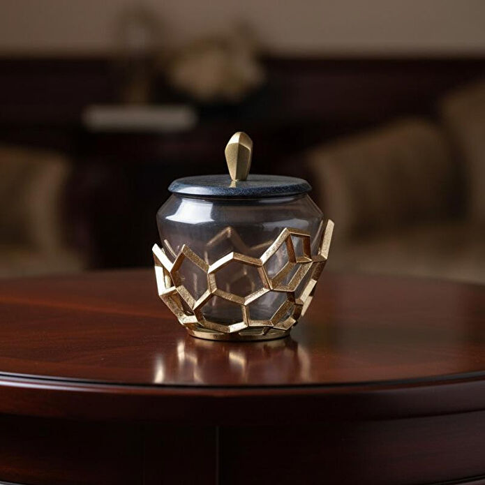 Cornella Pillar Antik Gold Gri Ombreli Cam Kavanoz Küçük Ağız:11 Cm X Boy:15 Cm X Tümü:19 Cm