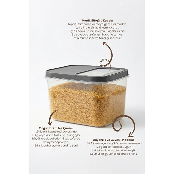 Vienev 2'li 15 Litre Sürgülü Kapaklı Çok Amaçlı Un Bakliyat Erzak Saklama Kabı