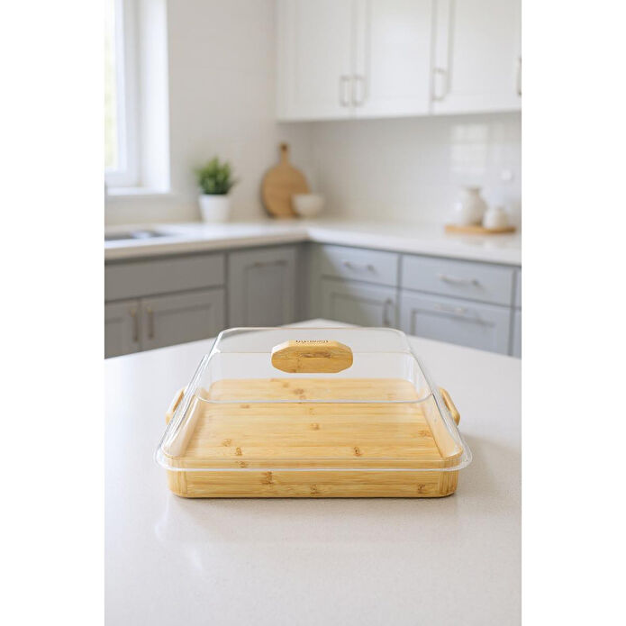 Bambum Modica Akrilik Kapaklı Bambu Kek Fanusu Kare Büyük