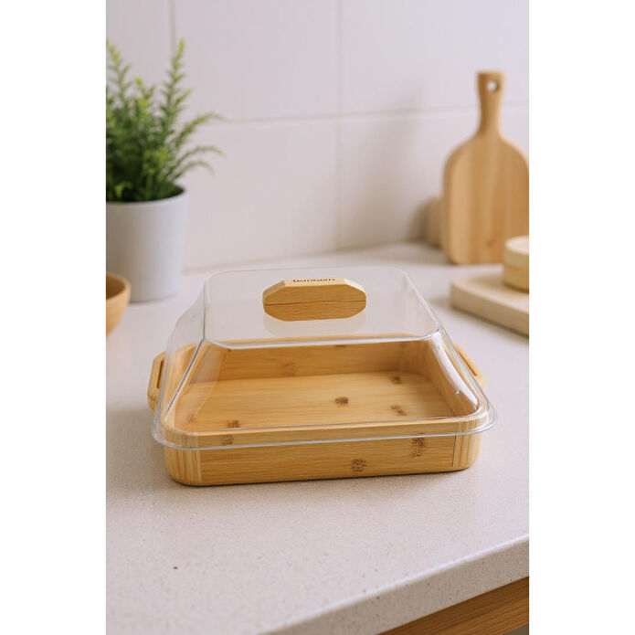 Bambum Modica Akrilik Kapaklı Bambu Kek Fanusu Kare Küçük