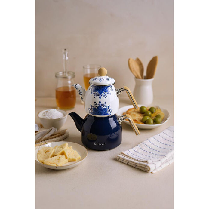 Bambum Unique Bambu Kulplu Emaye Çaydanlık Takımı Lacivert