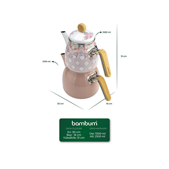 Bambum Unique Bambu Kulplu Emaye Çaydanlık Takımı Pembe