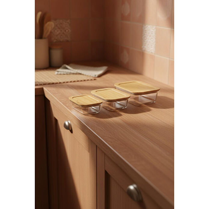 Bambum Lavi Dikdörtgen 3'lü Set Bambu Saklama Kapları