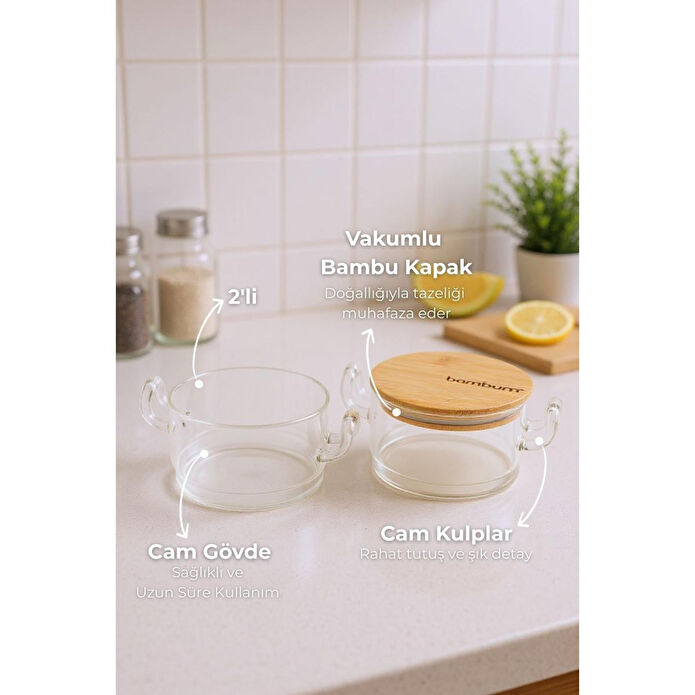 Bambum Modena 2'li Bambu Kapaklı Cam Saklama Kabı