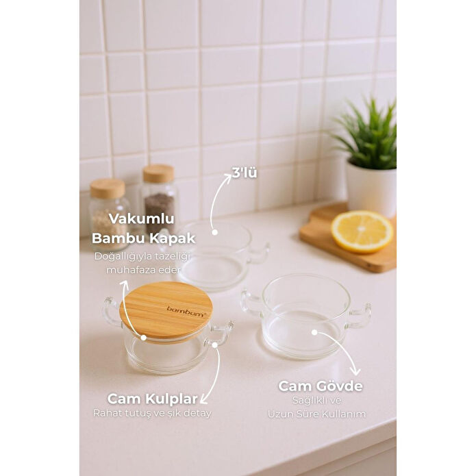 Bambum Modena 3'lü Bambu Kapaklı Cam Saklama Kabı