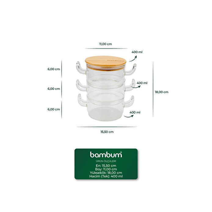 Bambum Modena 3'lü Bambu Kapaklı Cam Saklama Kabı