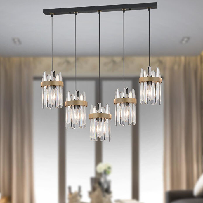 Apliqa Apatit 5'li Sıralı Siyah Eskitme Kristal Taşlı Modern Koridor Yatak Odası Salon Kristalli Avize