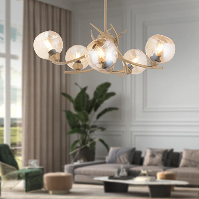 Apliqa Pireal 5'li Yuvarlak Eskitme Bal Camlı Modern Oturma Odası Salon Avize