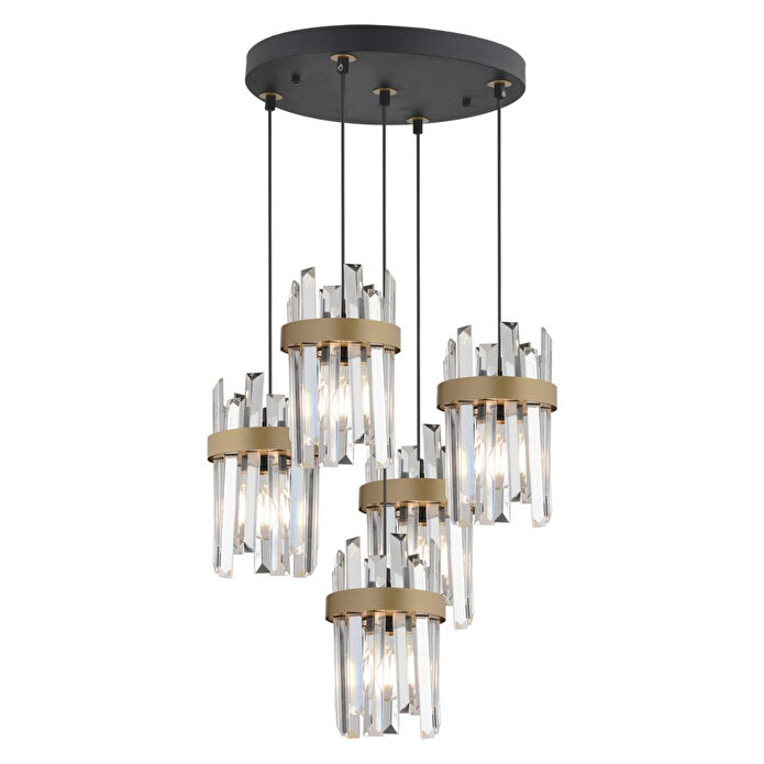 Apliqa Apatit 5'li Yuvarlak Siyah Eskitme Kristal Taşlı Modern Koridor Yatak Odası Salon Kristalli Avize