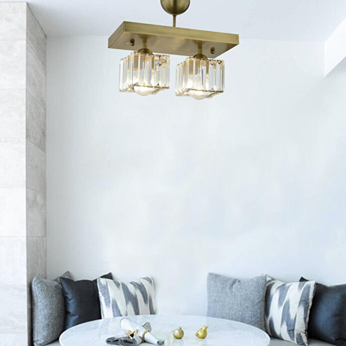 Apliqa Rivia 2 Li Eskitme Plafonyer Kristalli Taşlı Modern Tasarım Kristal Salon Avize