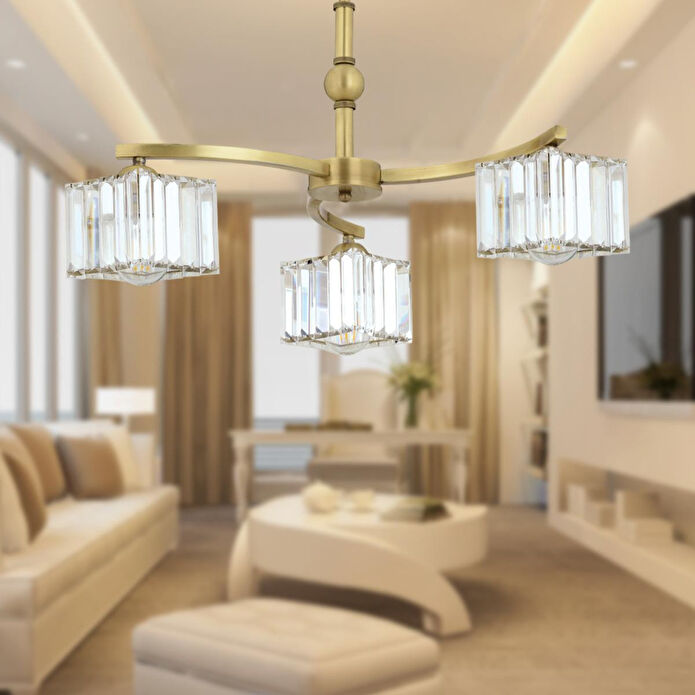 Apliqa Rima 3 Kollu Eskitme Kristalli Taşlı Modern Tasarım Salon-yatak Odası Kristal Salon Avize