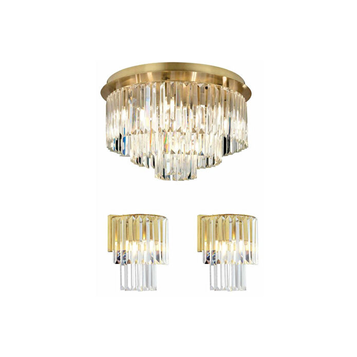 Apliqa Nilüfer Yuvarlak Eskitme 3 Parça Kristalli Taşlı Modern Tasarım Kristal Salon Avize-aplik Seti