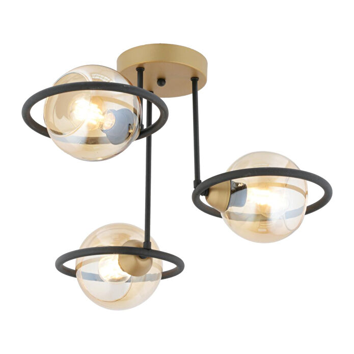 Apliqa Becca 3'lü Siyah Eskitme Bal Camlı Top Avize Modern Oturma Odası Salon Avize