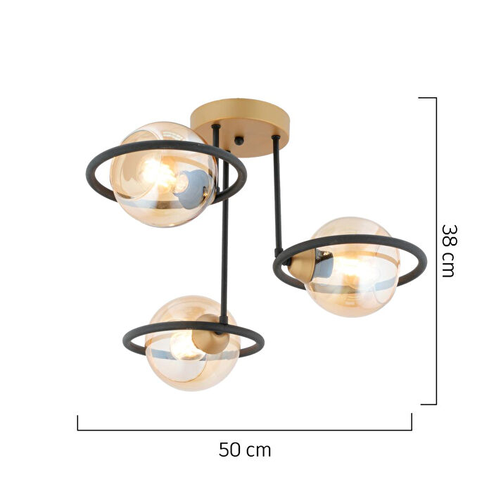 Apliqa Becca 3'lü Siyah Eskitme Bal Camlı Top Avize Modern Oturma Odası Salon Avize