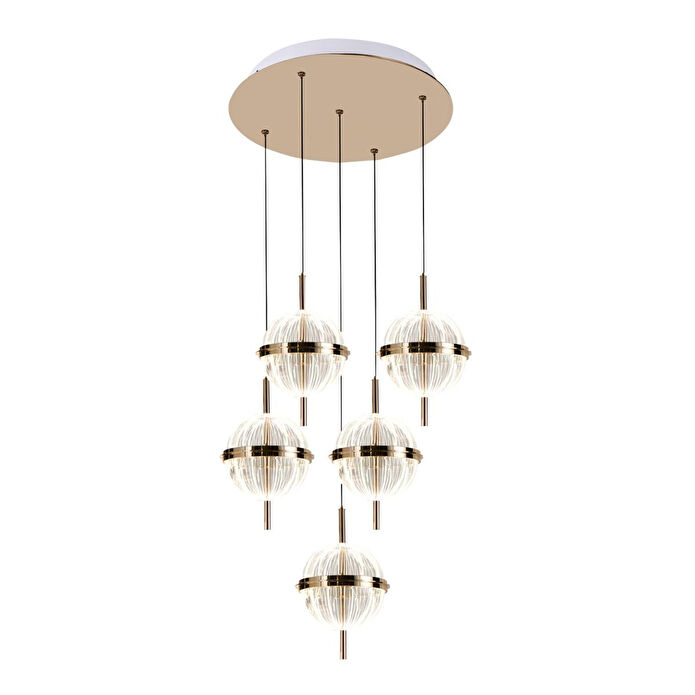 Apliqa Loret 5'li Yuvarlak 60 Watt Gold Krisatlli Modern Salon Oturma Odası Sarkıt Led Avize