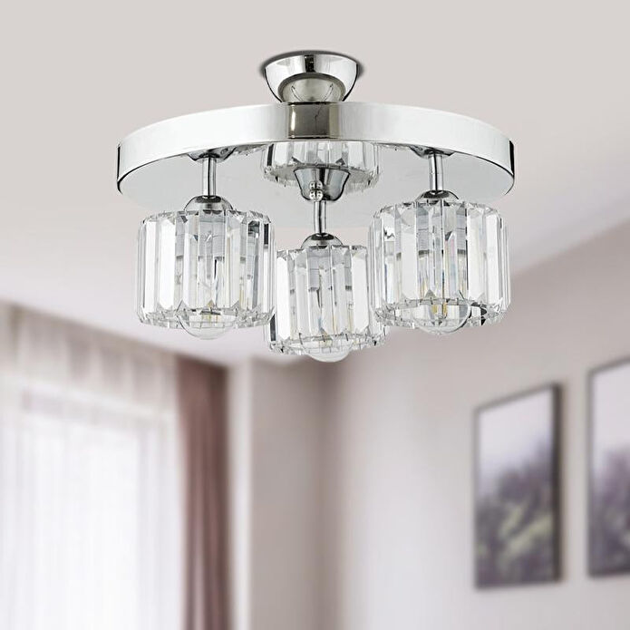Apliqa Sabrina 3 Lü Yuvarlak Krom Kaplama Plafonyer Kristalli Taşlı Modern Tasarım Kristal Salon Avize
