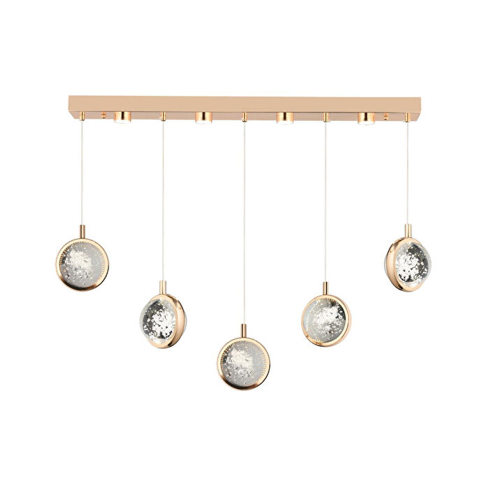 Apliqa Eldon 5'li Sıralı 3 Renk 75 Watt Gold Kristal Ledli Modern Oturma Odası Salon Sarkıt Avize