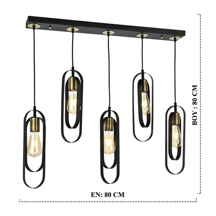 Apliqa Koza 5li Sıralı Siyah Modern Genç Odası Mutfak Retro Salon Sarkıt Avize