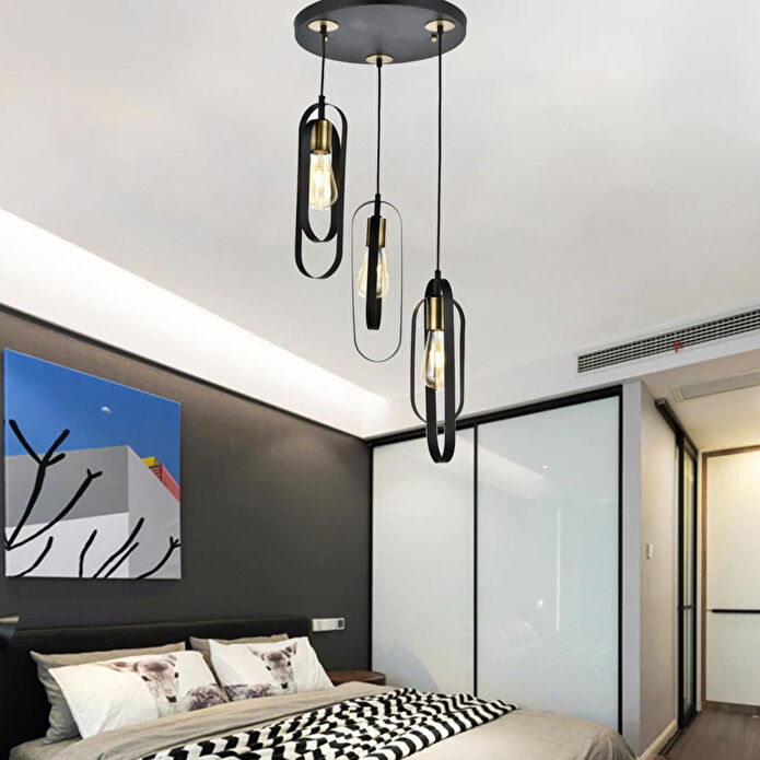 Apliqa Koza 3lü Yuvarlak Siyah Modern Genç Odası Mutfak Retro Salon Sarkıt Avize