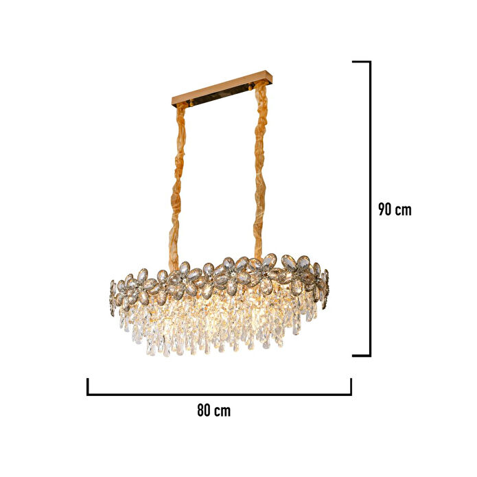 Apliqa Saral Sıralı Gold Yemek Masası Üstü, Kristal Taşlı Modern Tasarım Salon Avize