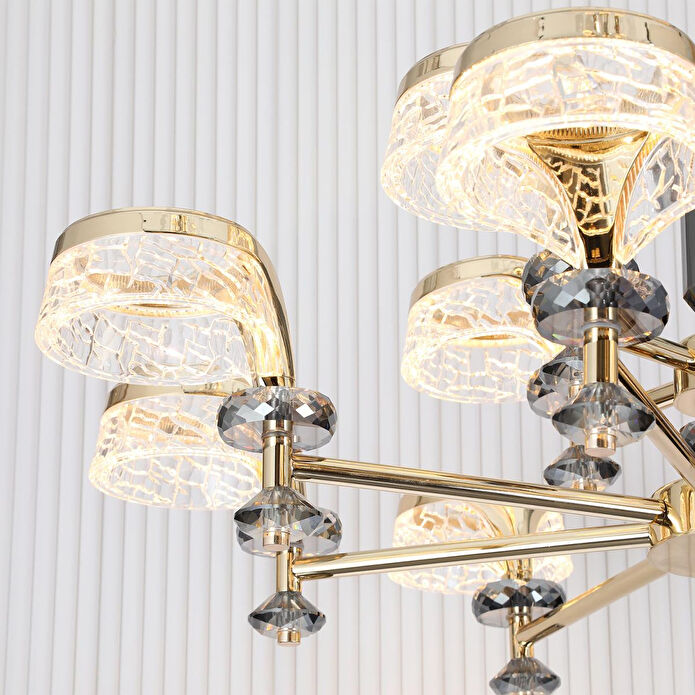 Apliqa Ekerd 12'li Gold 100 Watt Yuvarlak Kristalli Modern Sarkıt Salon Led Avize