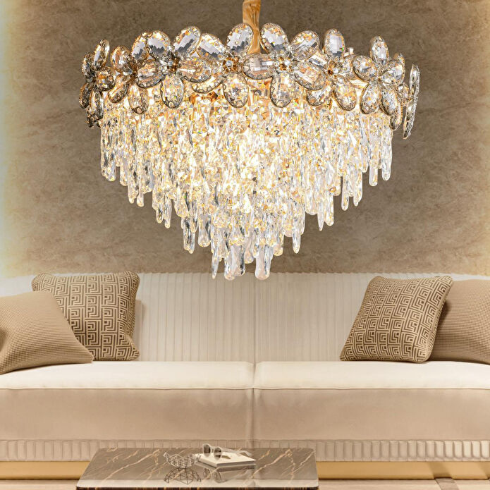Apliqa Saral 80'lik Yuvarlak Gold Kristal Taşlı Modern Tasarım Salon Avize