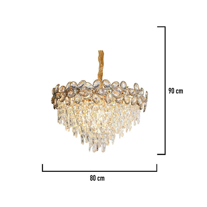 Apliqa Saral 80'lik Yuvarlak Gold Kristal Taşlı Modern Tasarım Salon Avize