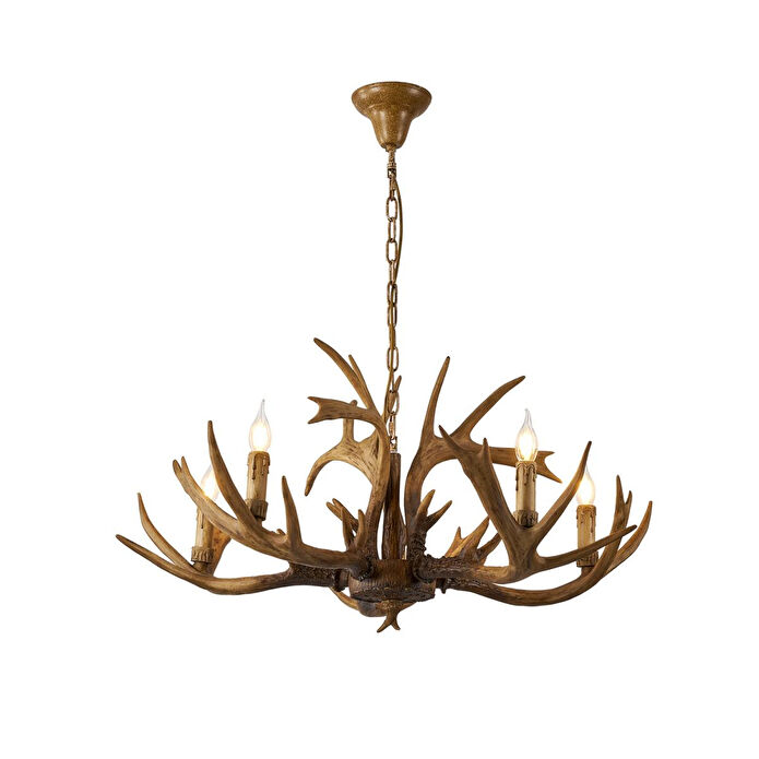 Apliqa Zoye Ahşap 5'li Geyik Boynuzu Desenli Modern Kafe Restoran. Salon Avize