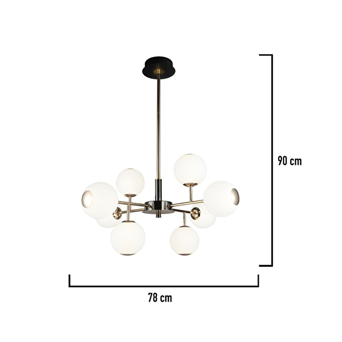 Apliqa Sofia 8'li Siyah Gold 80 Watt Yuvarlak Modern Oturma Odası, Salon Avize