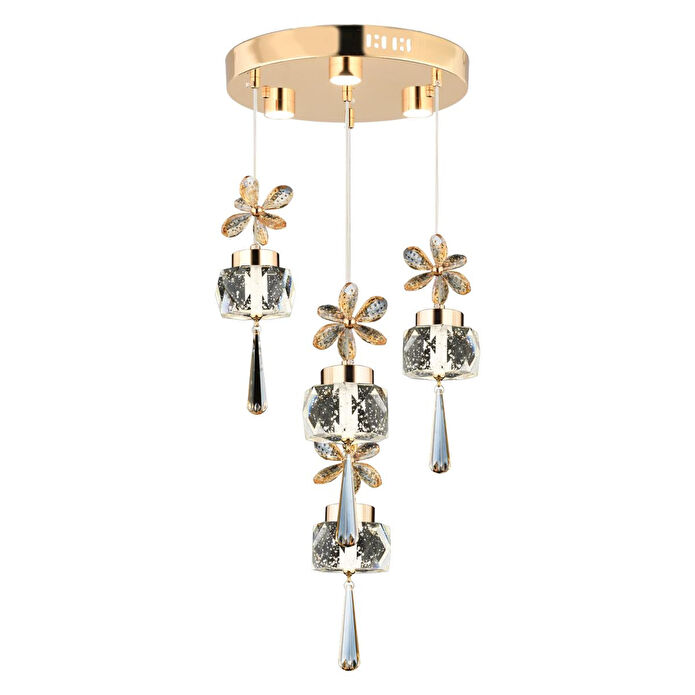 Apliqa Amaris 4'lü Yuvarlak 3 Renkli 52 Watt Gold Kelebek Led Avize Kristal Ledli Modern Oturma Odası Salon Sarkıt Avize