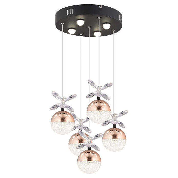 Apliqa Lokken 5'li Yuvarlak 42 Watt Bakır Kristal Ledli Modern Oturma Odası Salon Sarkıt Avize