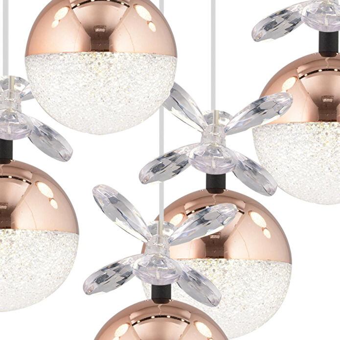 Apliqa Lokken 5'li Yuvarlak 42 Watt Bakır Kristal Ledli Modern Oturma Odası Salon Sarkıt Avize