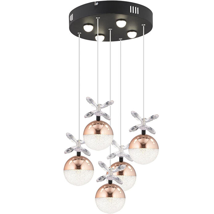 Apliqa Lokken 5'li Yuvarlak 42 Watt Bakır Kristal Ledli Modern Oturma Odası Salon Sarkıt Avize